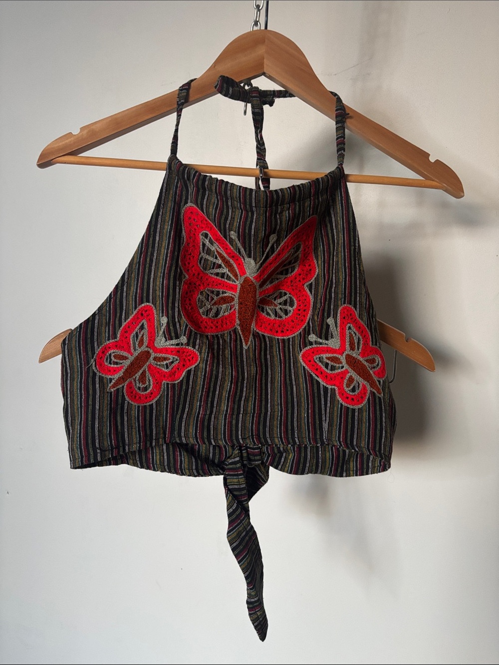 Striped Halter Crop Top with Red Butterfly Embroidery